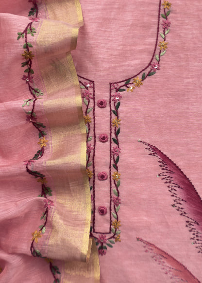 Taffy Pink Handloom Linen Silk Hand painted Suit Fabric with French knot and Kantha Handwork