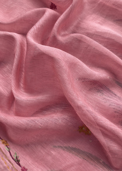 Taffy Pink Handloom Linen Silk Hand painted Suit Fabric with French knot and Kantha Handwork