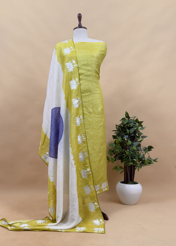Luxe Lime Green Desi Tussar Bandhani Suit With Resham Lotus Embroidery