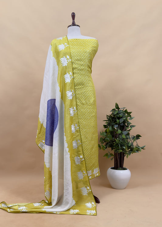 Luxe Lime Green Desi Tussar Bandhani Suit With Resham Lotus Embroidery