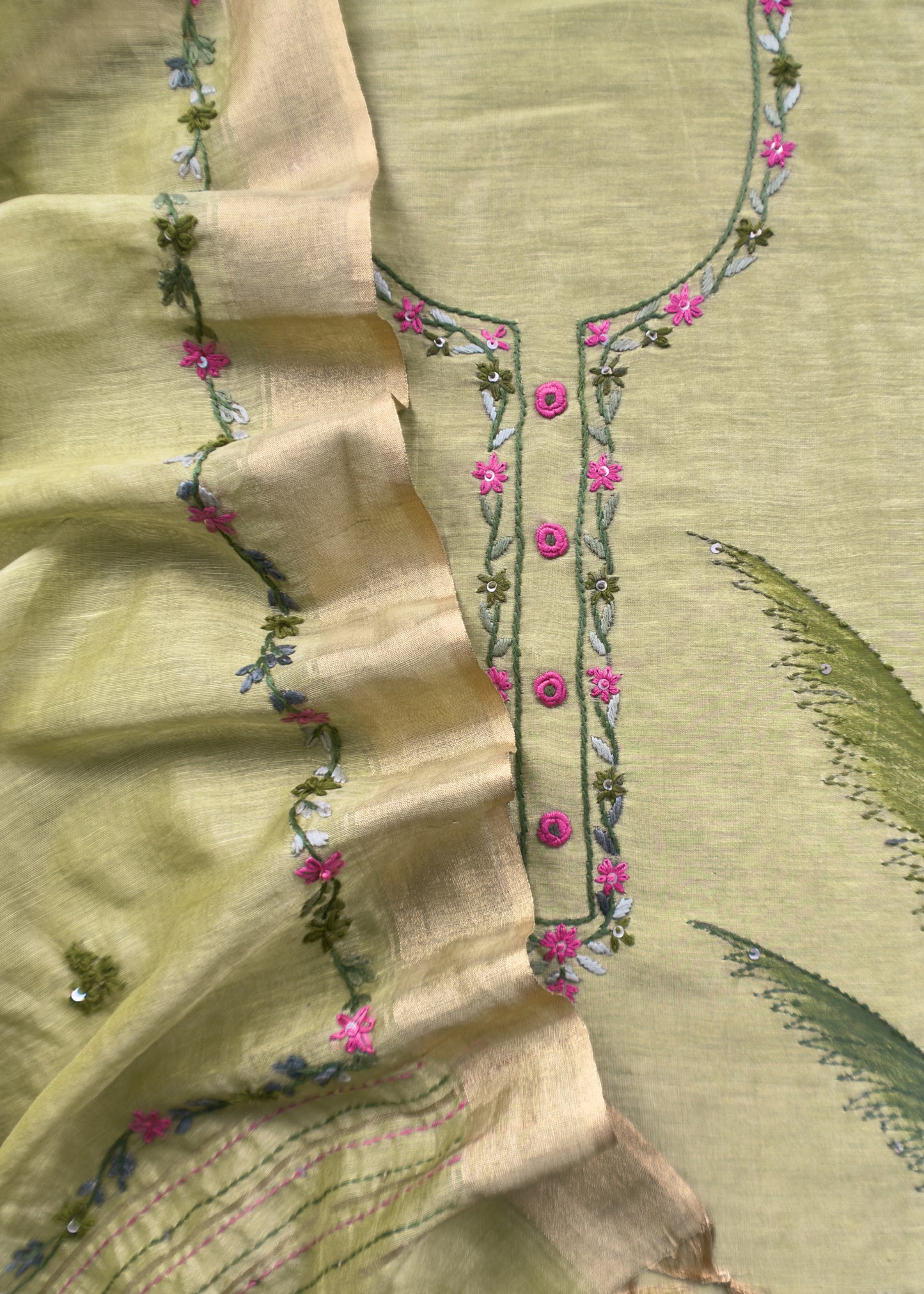 Jade Green Handloom Linen Silk Hand Painted Suit Fabric With French knot And Kantha Handwork