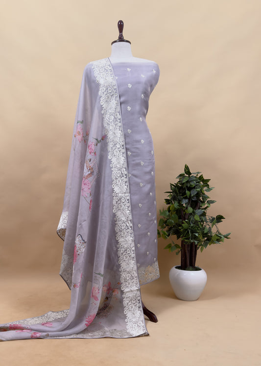 Luxe Light heather Purple Handloom Organza Silk Suit And Pichwai Dupatta With Ivory Embroidery