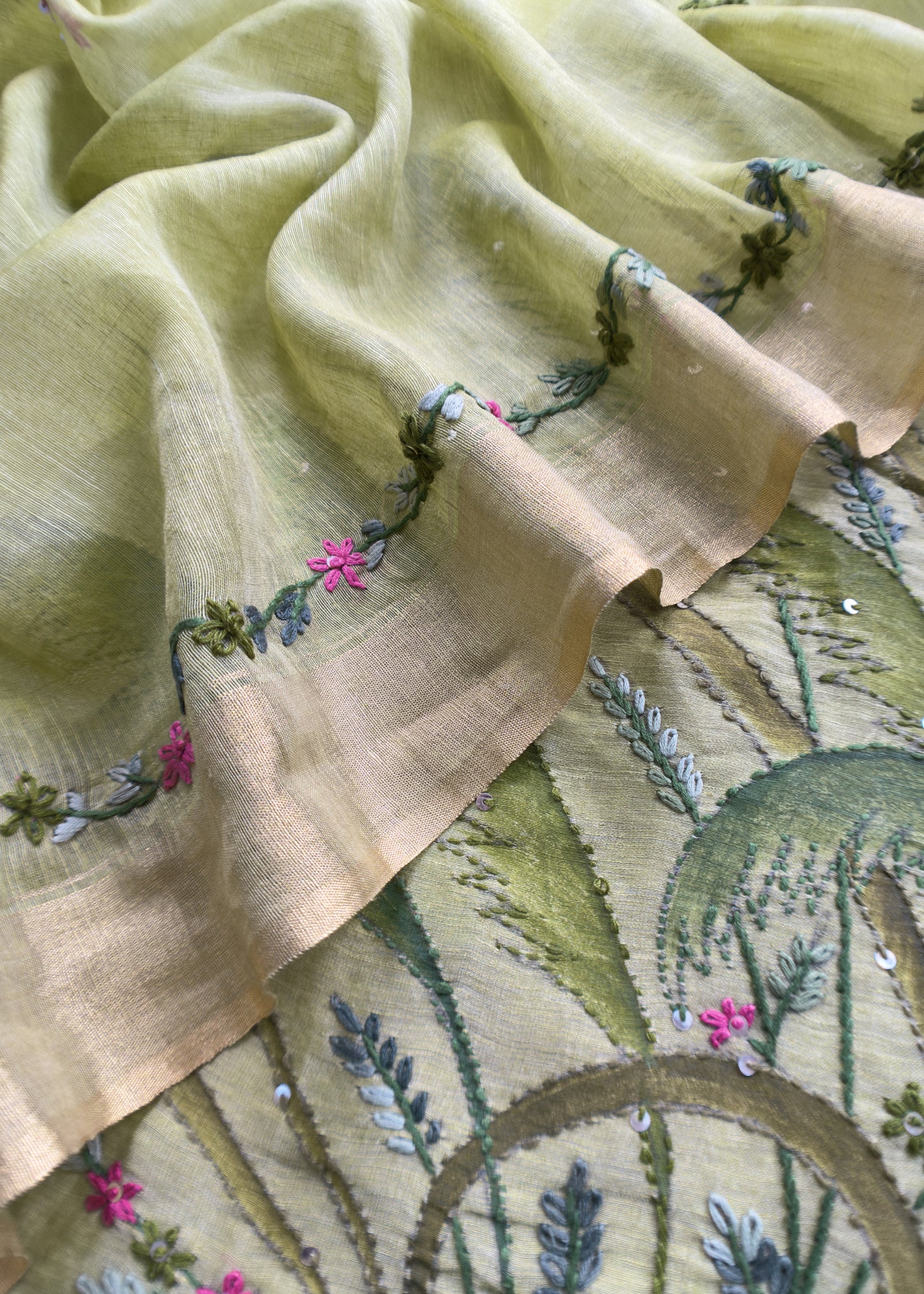 Jade Green Handloom Linen Silk Hand Painted Suit Fabric With French knot And Kantha Handwork