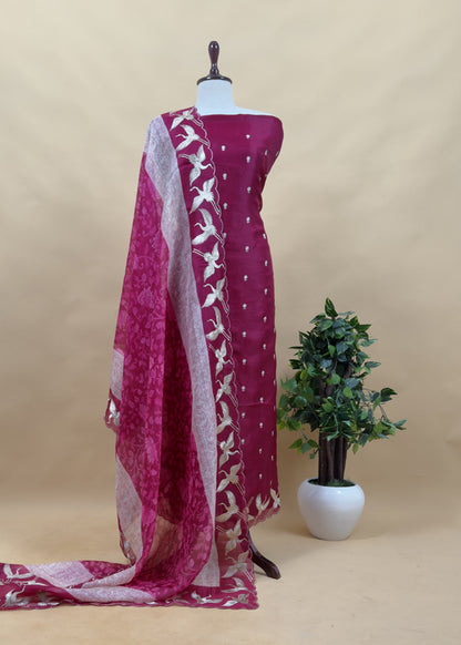 Red Pura Organza Silk Suit With Floral Dupatta