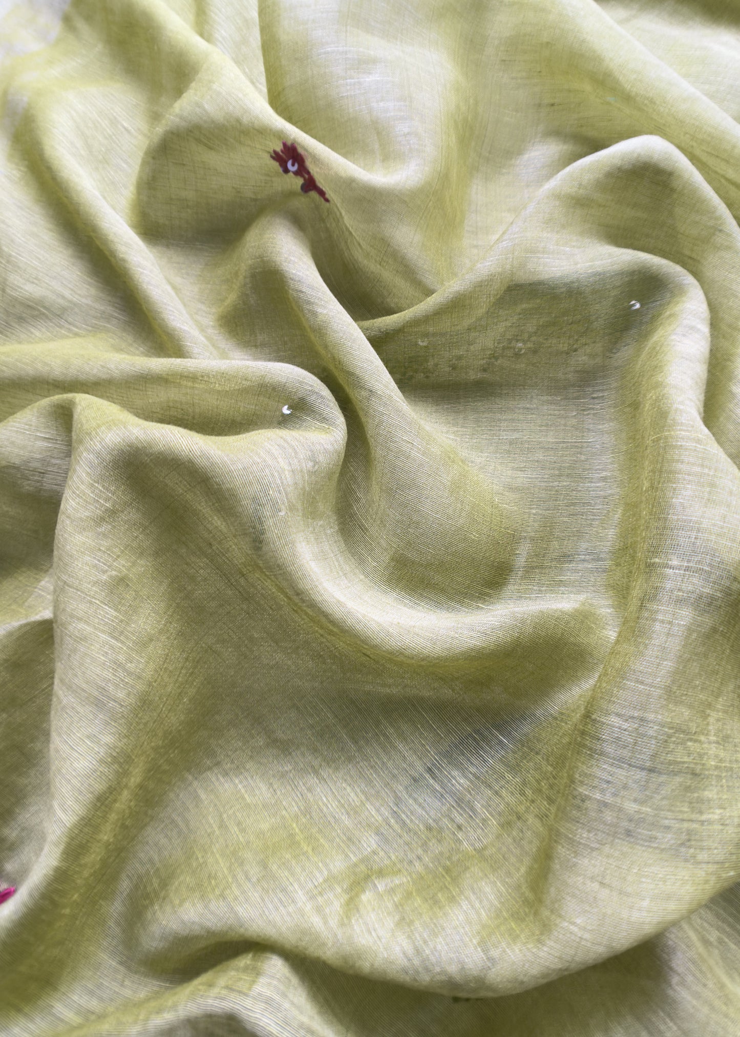 Jade Green Handloom Linen Silk Hand Painted Suit Fabric With French knot And Kantha Handwork