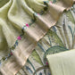 Jade Green Handloom Linen Silk Hand Painted Suit Fabric With French knot And Kantha Handwork