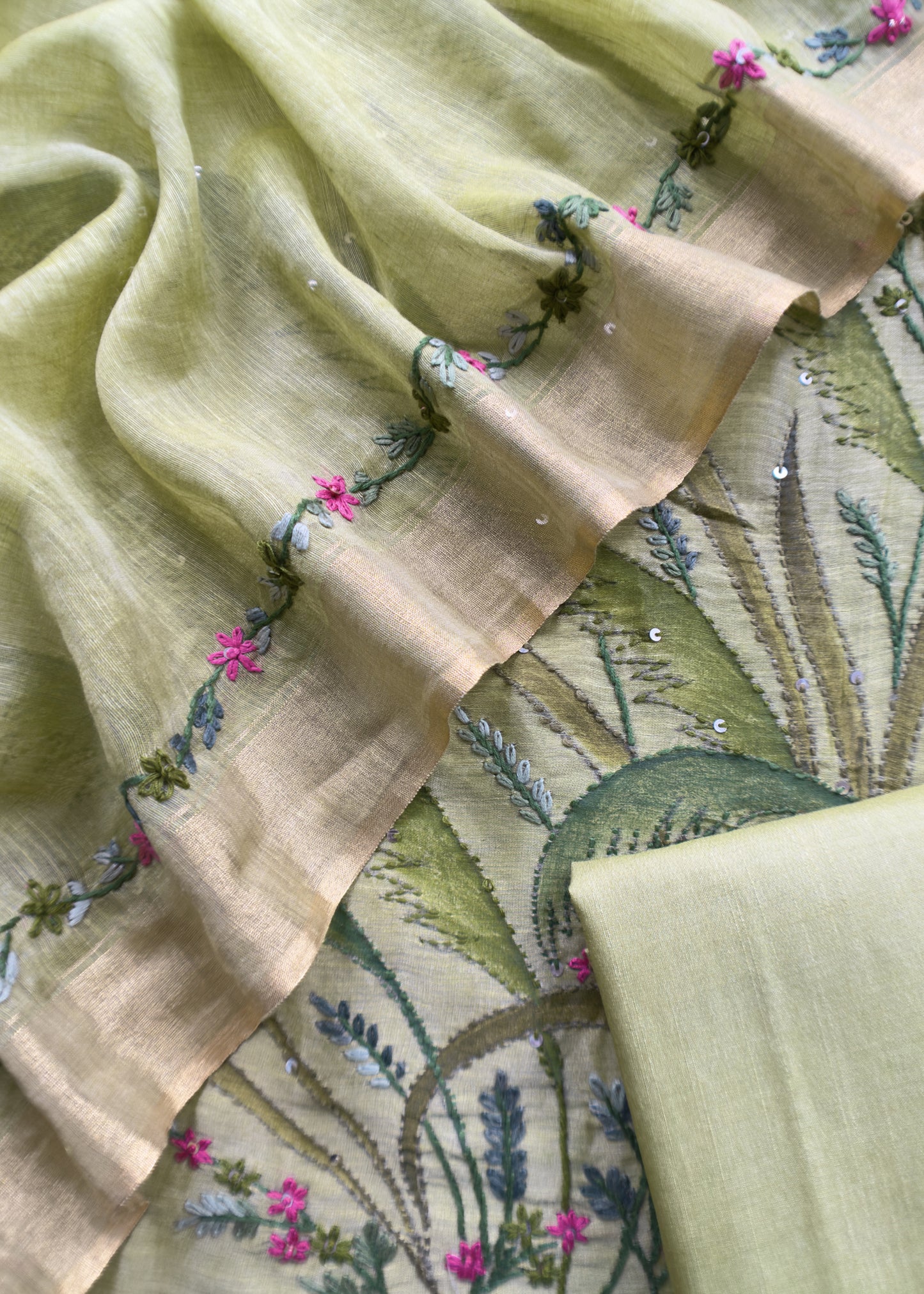 Jade Green Handloom Linen Silk Hand Painted Suit Fabric With French knot And Kantha Handwork