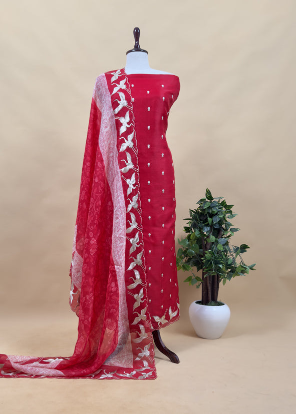 Red Pura Organza Silk Suit With Floral Dupatta