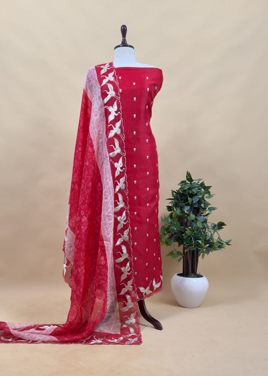 Red Pura Organza Silk Suit With Floral Dupatta