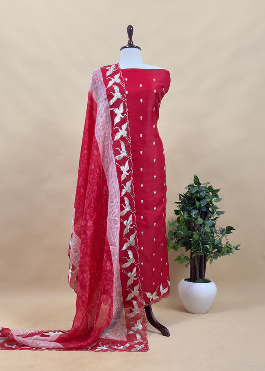 Red Pura Organza Silk Suit With Floral Dupatta