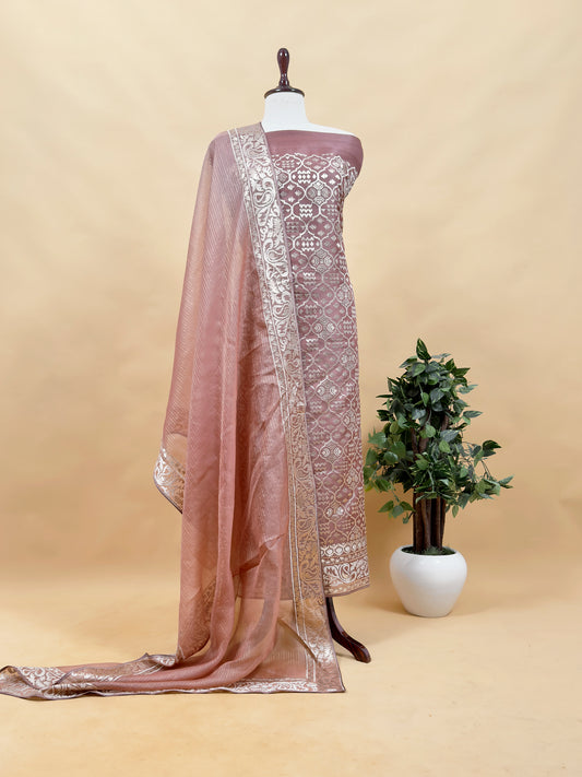 Luxe Ajanta Ellora Inspired Dusty Mauve Handloom Organza Silk Suit And Panel Gold Silver Zari Dupatta