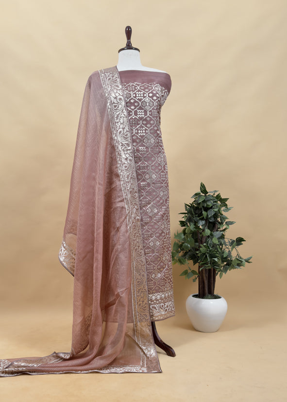 Luxe Ajanta Ellora inspired Dusty Mauve Handloom Organza Silk Suit and Panel gold silver zari Dupatta