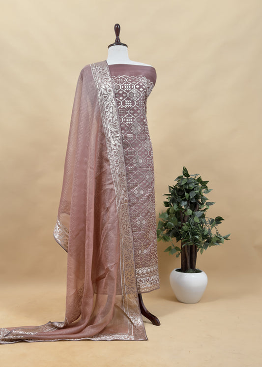 Luxe Ajanta Ellora Inspired Dusty Mauve Handloom Organza Silk Suit And Panel Gold Silver Zari Dupatta