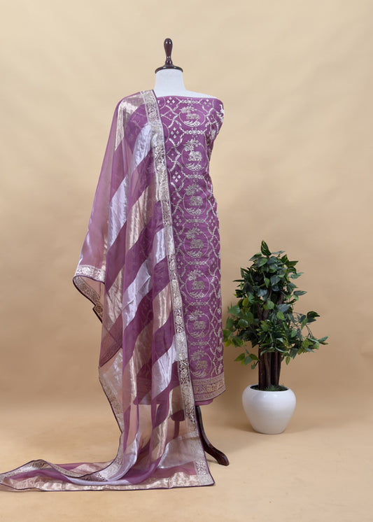 Luxe Ajanta Ellora Inspired Jam Violet Handloom Organza Silk Suit And Panel Gold Silver Zari Dupatta