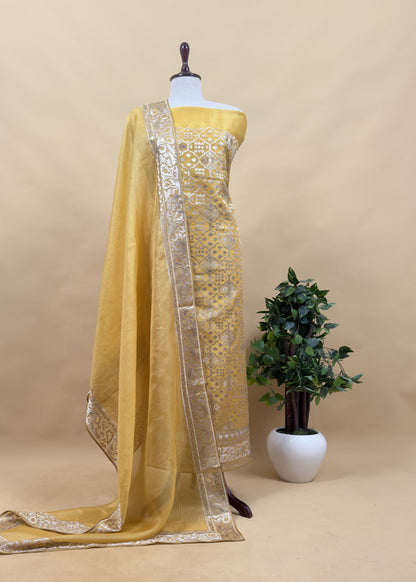 Luxe Ajanta Ellora inspired Yellow Handloom Organza Silk Suit and Panel gold silver zari Dupatta