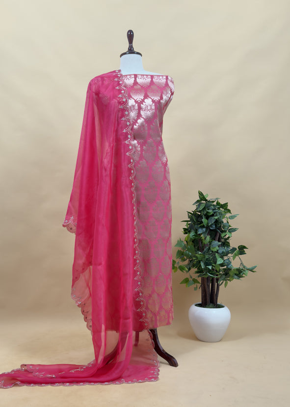 Pink Brocade Silk Kurta And Organza Silk Dupatta With Handwork