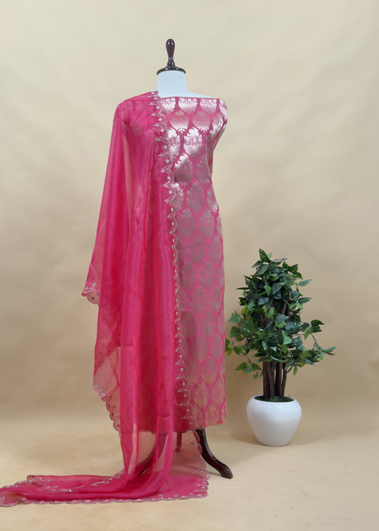 Pink Brocade Silk Kurta And Organza Silk Dupatta With Handwork
