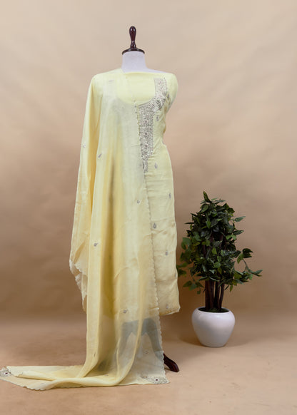 Butter Yellow Pure Organza Suit Fabric With Zardosi Embroidery