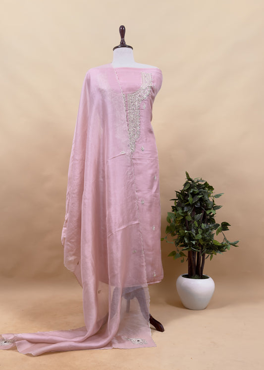 Taffy Pink Handloom Tissue Silk Suit Fabric With Dabka And Gotapatti Handwork