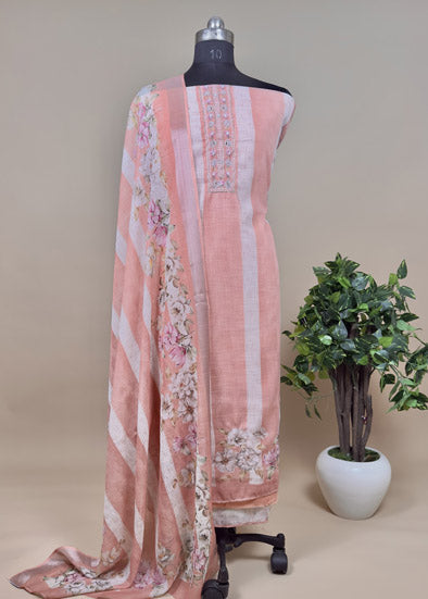 Peach Linen Unstitched Suit With Resham Embroidery