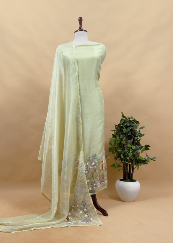 Garden Of Dreams Powder Blue Handloom Crushed Organza Silk Suit With Appliqué work and 3d French Hand embroidery