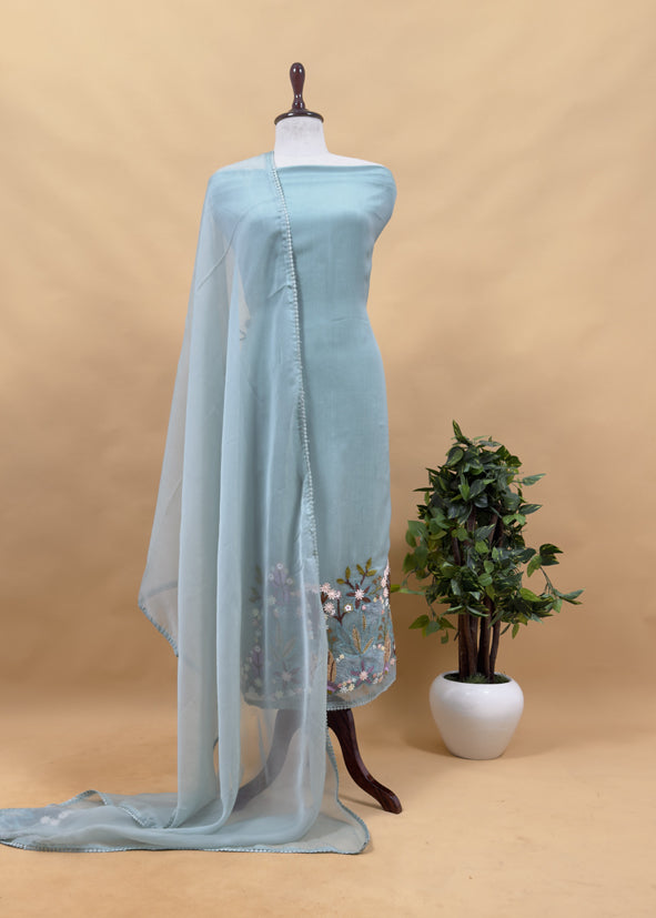 Garden Of Dreams Powder Blue Handloom Crushed Organza Silk Suit With Appliqué work and 3d French Hand embroidery
