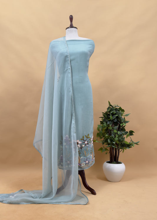 Garden Of Dreams Powder Blue Handloom Crushed Organza Silk Suit With Appliqué work and 3d French Hand embroidery