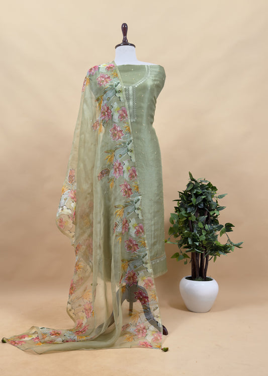 Fern Green Pure Organza Silk kurta And Dupatta With Resham Embroidery And Appliqué Aari Work