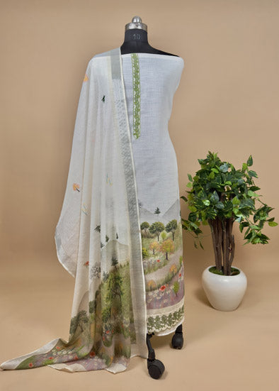 White linen Digital Print Unstitched Suit With Dupatta