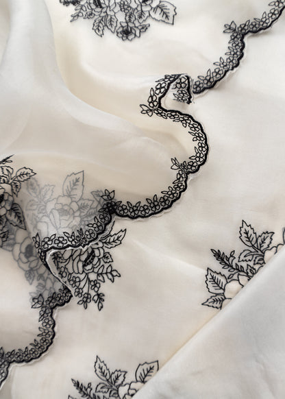 Kalasheel Luxe Designer Pearl White Handloom Organza Suit With Black Roses Embroidery