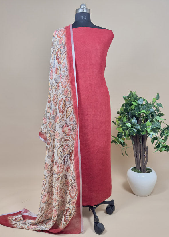 Linen Unstitched Suit With Contrast Dupatta