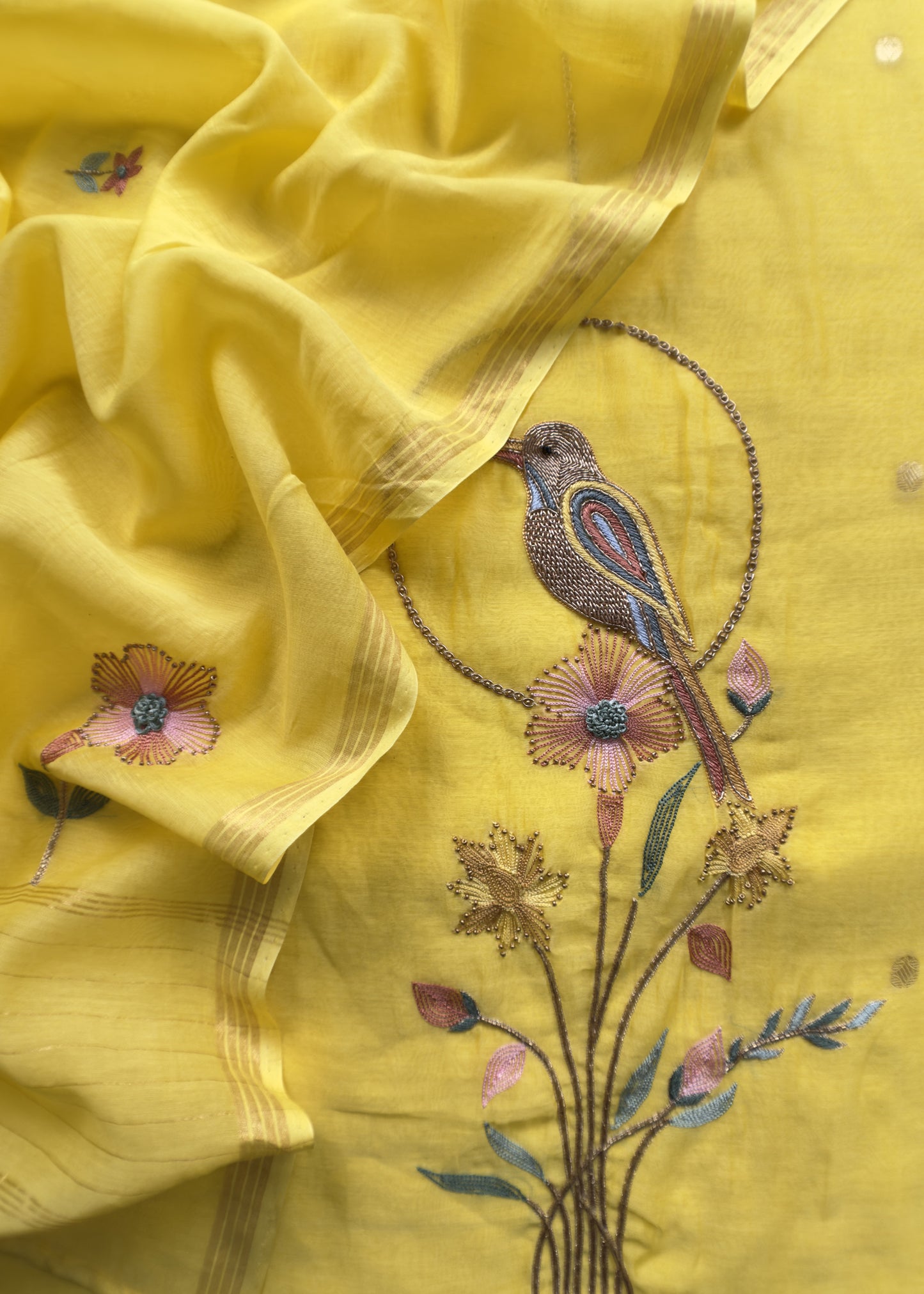 Sunshine Yellow Premium Mul Chanderi Chidiya Suit With Handwork