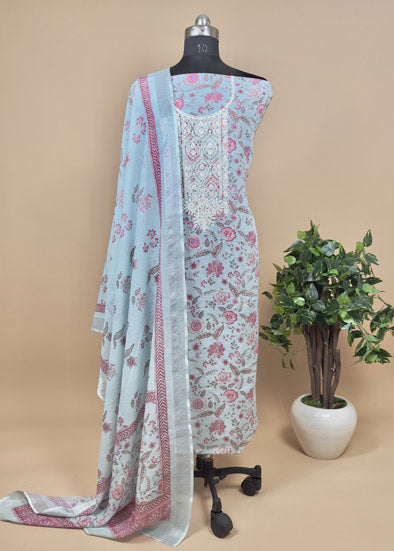 Digital Printed Floral Linen Unstitched Suit With Dupatta