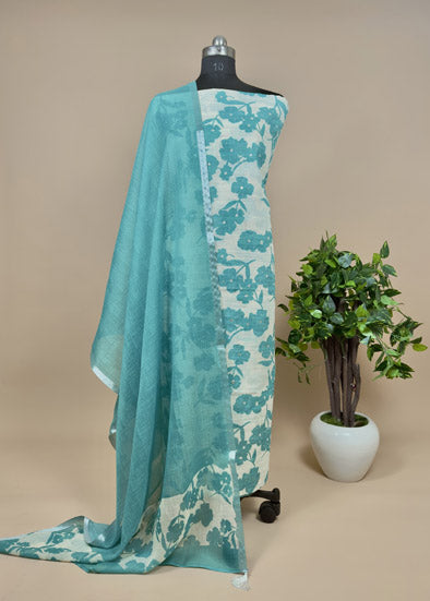 Green Linen Digital Print Linen Suit With Dupatta