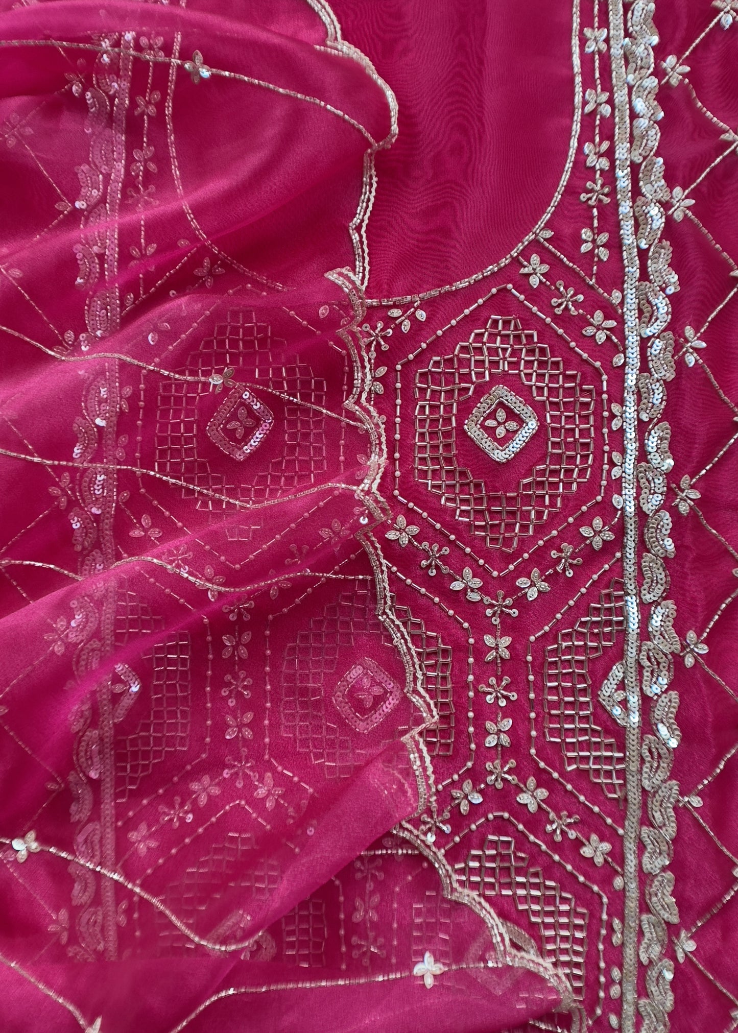 Hot Pink Glass Tissue Three-Piece Wedding Suit Fabric With Hand Work