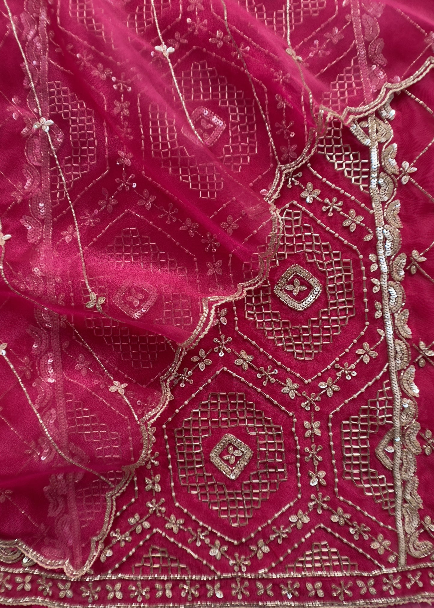 Hot Pink Glass Tissue Three-Piece Wedding Suit Fabric With Hand Work