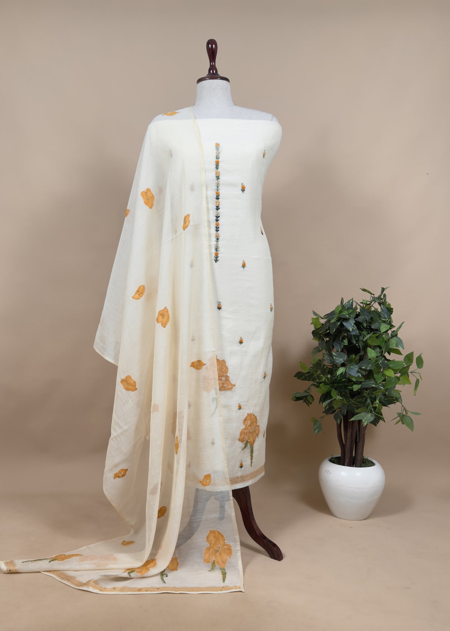 Off White Jamdani Suit With Blue Lilies In Chanderi Fabric