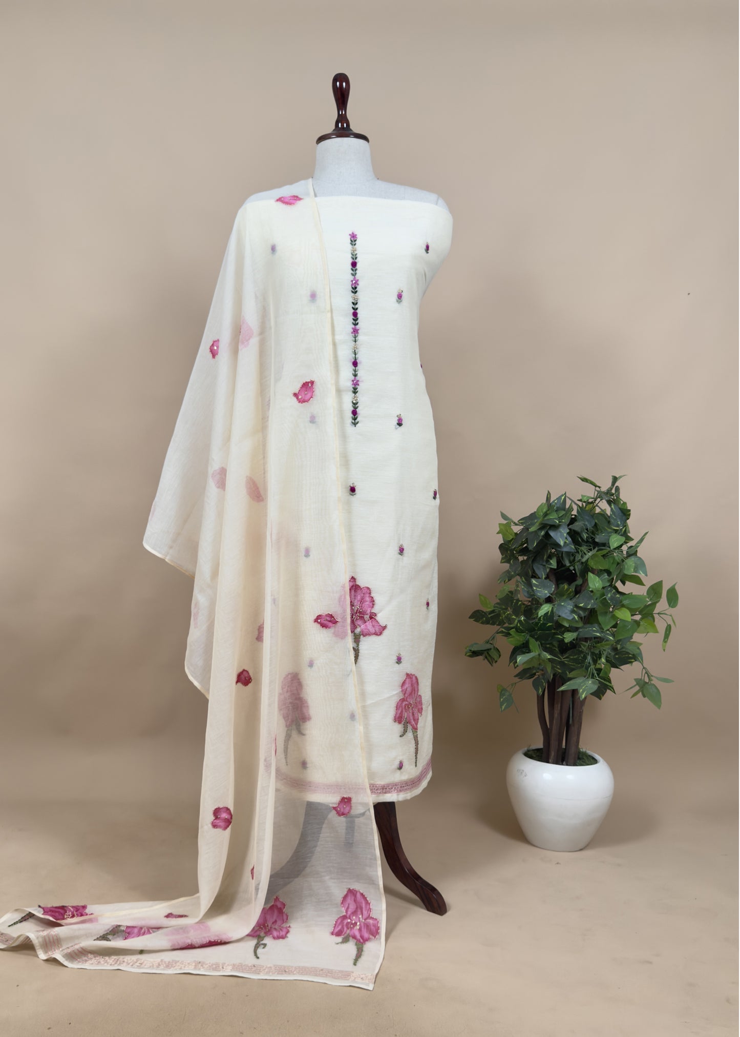 Off White Jamdani Suit With Blue Lilies In Chanderi Fabric