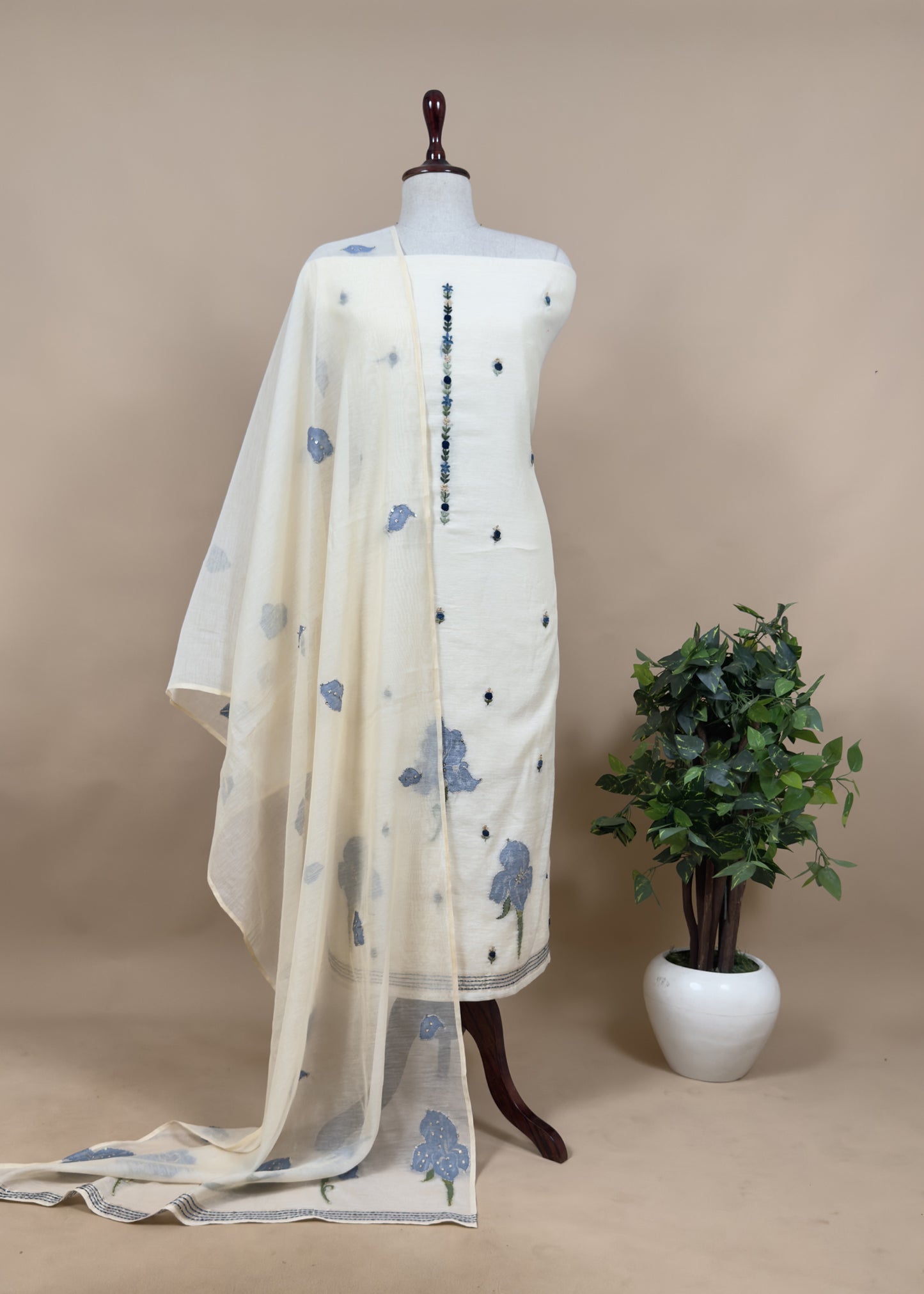 Off White Jamdani Suit With Blue Lilies In Chanderi Fabric