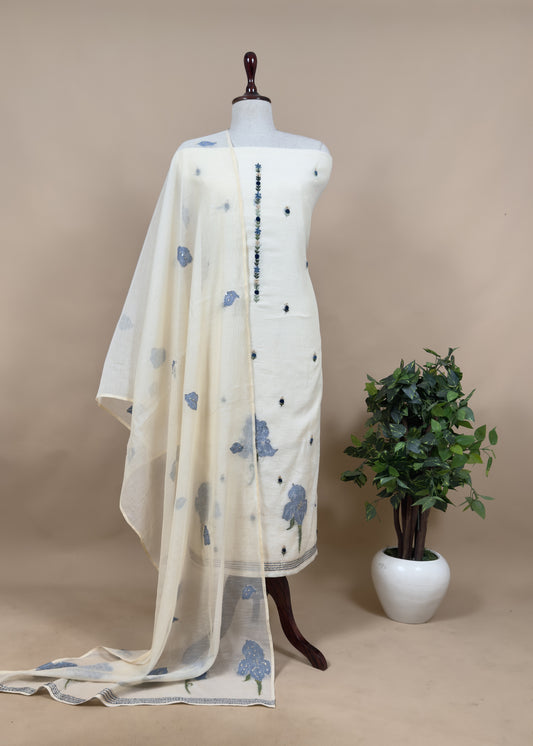 Off White Jamdani Suit With Blue Lilies In Chanderi Fabric