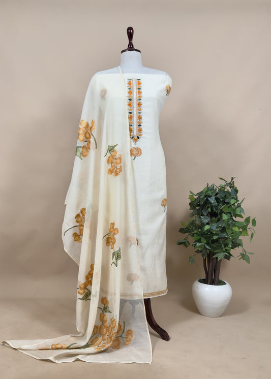 Off White Jamdani Suit With Orange Lilies In Chanderi Fabric