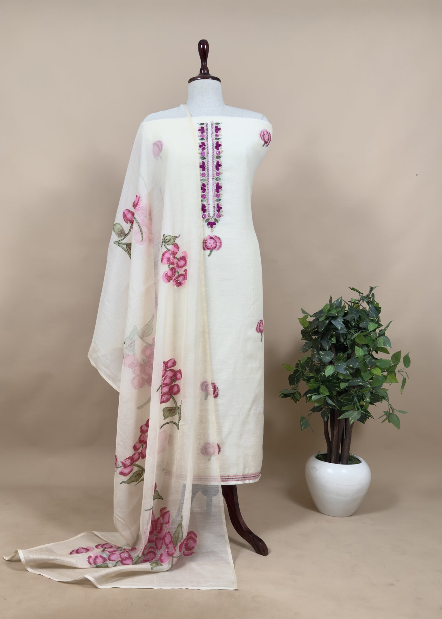 Off White Jamdani Suit With Orange Lilies In Chanderi Fabric