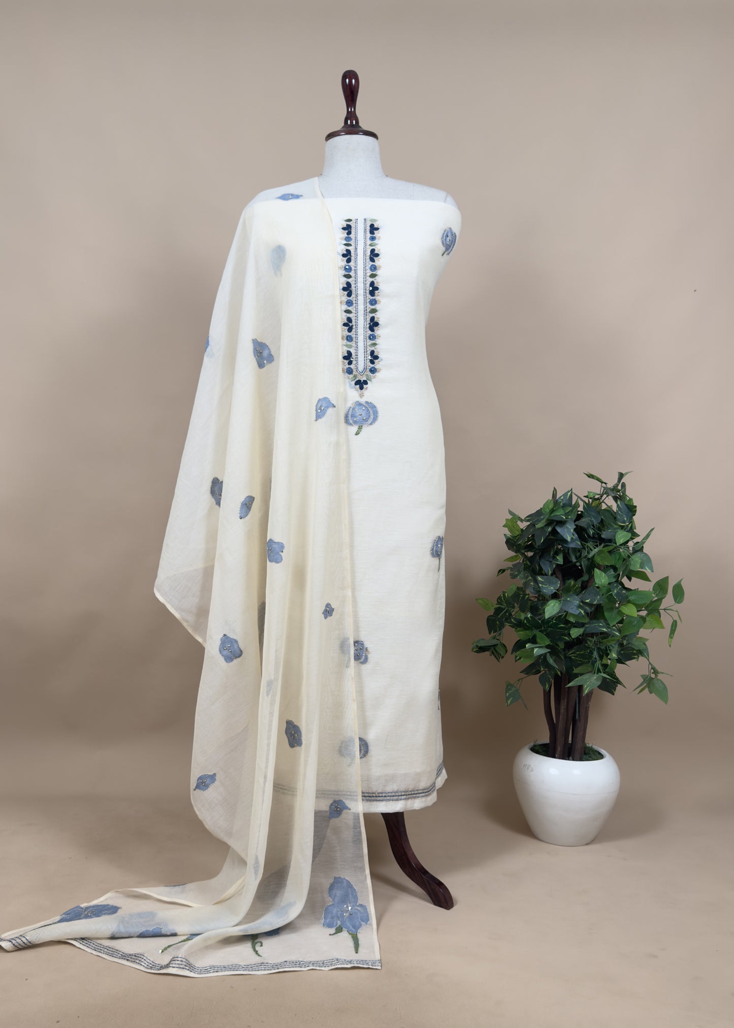 Off White Jamdani Suit With Orange Lilies In Chanderi Fabric