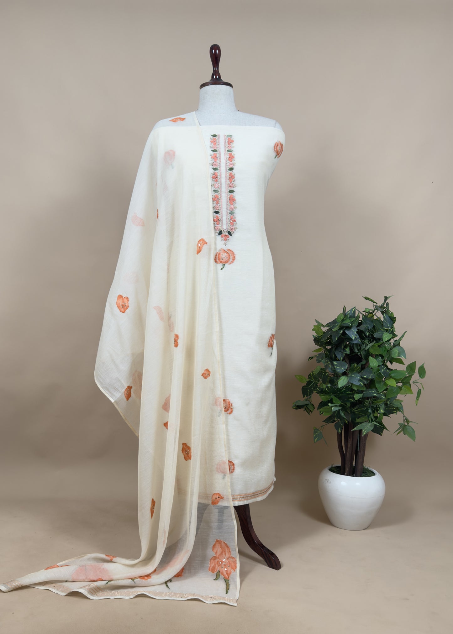 Off White Jamdani Suit With Blue Lilies In Chanderi Fabric