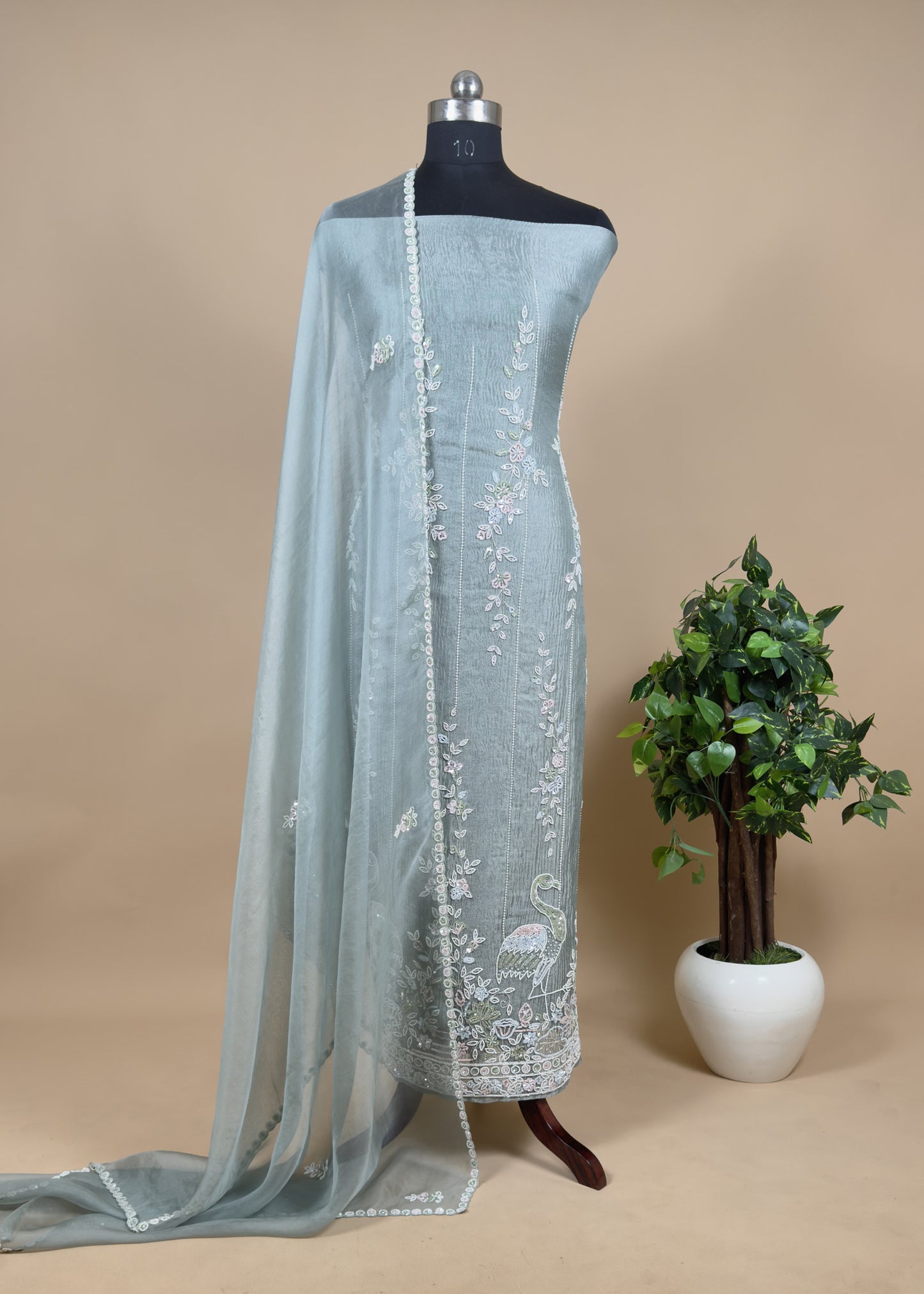 Greyish Green Flamingo Embroidered Tissue Silk Suit