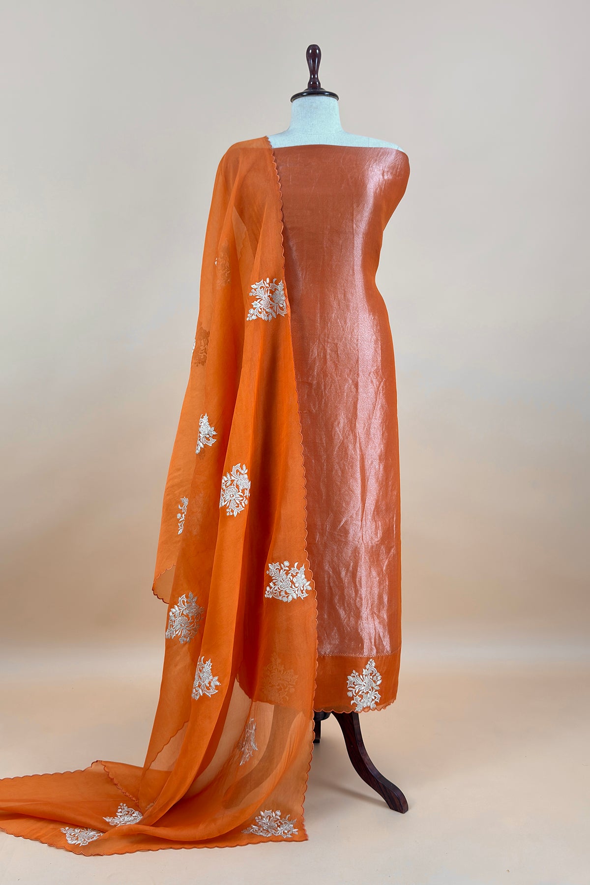 Orange Handloom Tissue Silk Suit With Kora Silk Dupatta