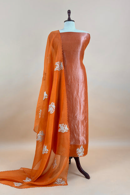 Orange Handloom Tissue Silk Suit With Kora Silk Dupatta