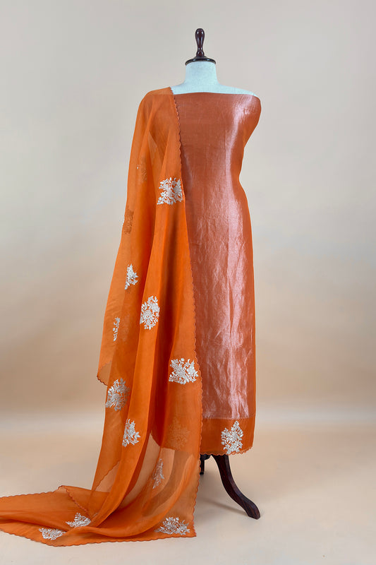 Orange Handloom Tissue Silk Suit With Kora Silk Dupatta