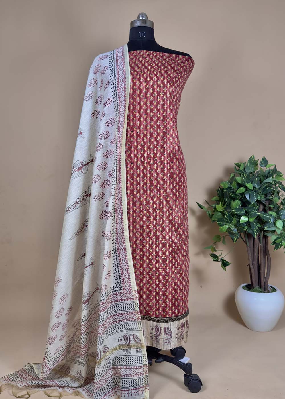 Brown Hand Block Cotton Suit With Chanderi Dupatta