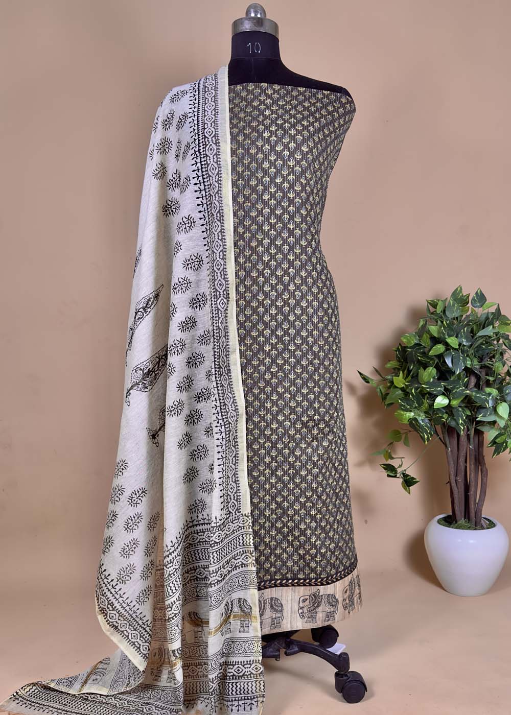 Brown Hand Block Cotton Suit With Chanderi Dupatta